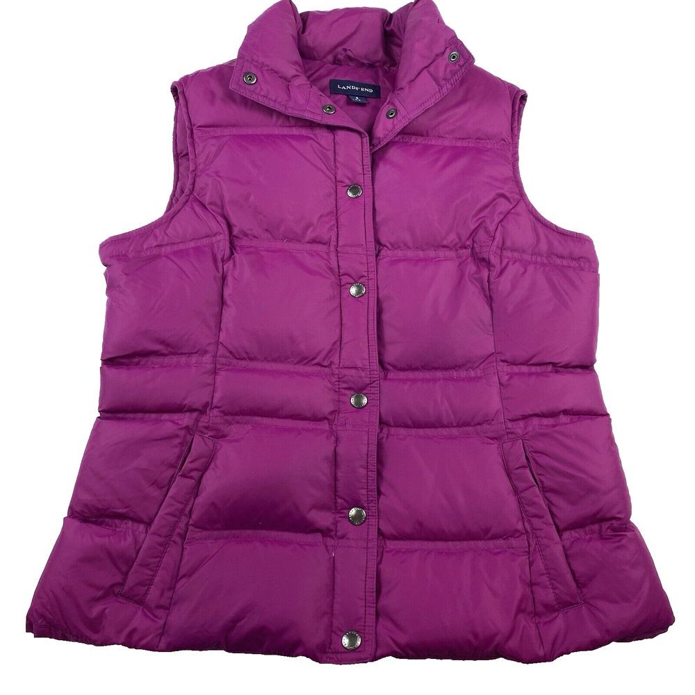 Lands' End Women's Down Puffer Vest Size Small Pockets Snap Front Pink Outdoor